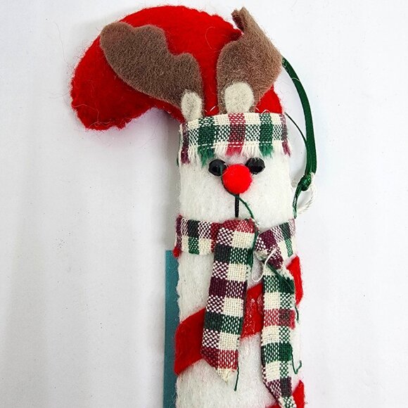 Handmade Reindeer Candy Cane Red White Felt Plush Christmas Holiday Ornament - Picture 2 of 7